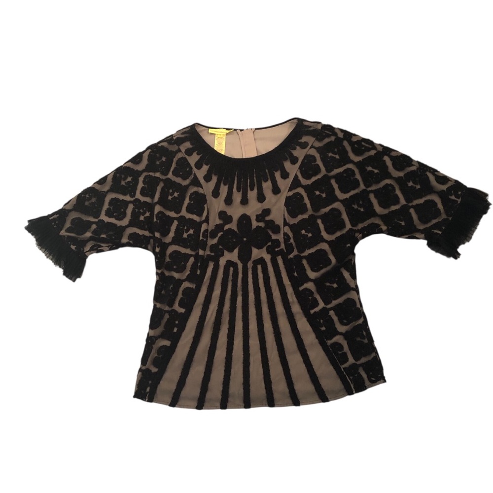 Catherine Malandrino Black Art Deco Top with Tulle Trimmed Sleeves Size 12